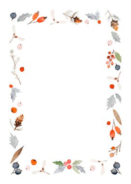 Kış yeşili ve böğürtlenli suluboya Noel dikdörtgen çerçevesi tebrik kartları ve davetiyeler için tatil sınırı