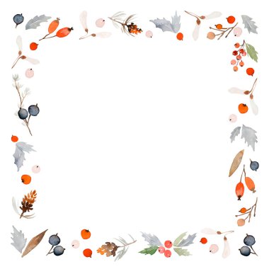 Kış yeşili ve böğürtlenli suluboya Noel dikdörtgen çerçevesi tebrik kartları ve davetiyeler için tatil sınırı