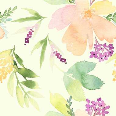 Çiçekler suluboya ile Seamless modeli. Yumuşak renkler. Erkek