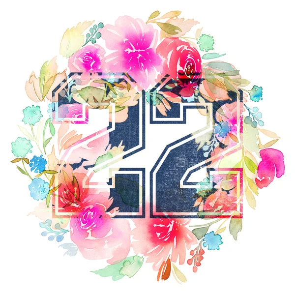 Drukowanie na t-shirt kwiatowy wzór z numerem. Akwarela malarstwo — Zdjęcie stockowe