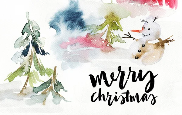 Noel kartı. Suluboya. Kardan adam ormanda.