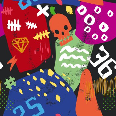 Soyut seamless modeli. Kafatası, numaraları, karalamalar, ZIP, sıfır.