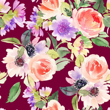 Çiçekler suluboya ile Seamless modeli. Yumuşak renkler.