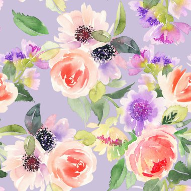 Çiçekler suluboya ile Seamless modeli. Yumuşak renkler.