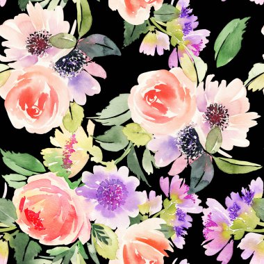 Çiçekler suluboya ile Seamless modeli. Yumuşak renkler.