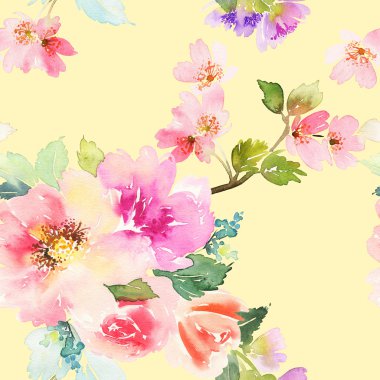 Çiçekler suluboya ile Seamless modeli. Yumuşak renkler.