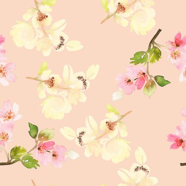 Çiçeklerle suluboya kusursuz desen. Nazik renkler. Kadın deseni. El yapımı..