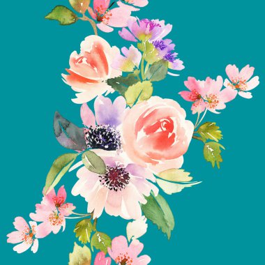 Çiçeklerle suluboya kusursuz desen. Nazik renkler. Kadın deseni. El yapımı..