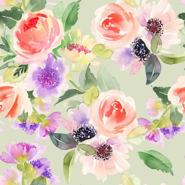 Çiçekler suluboya ile Seamless modeli. Yumuşak renkler.