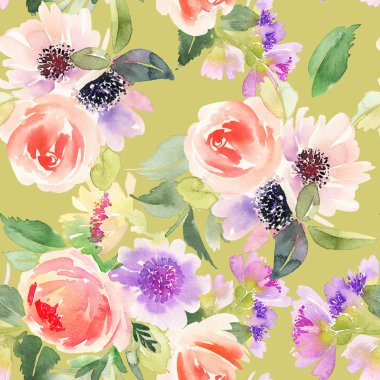 Çiçekler suluboya ile Seamless modeli. Yumuşak renkler.