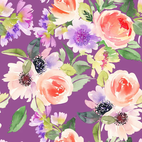 Seamless pattern with flowers watercolor. Gentle colors. — Stock Photo, Image