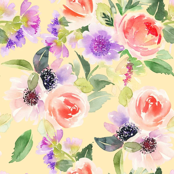 Seamless pattern with flowers watercolor. Gentle colors. Female pattern. Handmade. — Stock Photo, Image