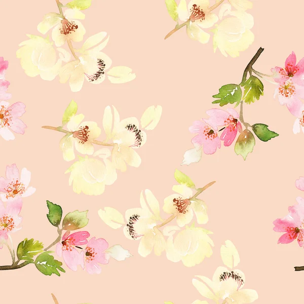 Çiçeklerle suluboya kusursuz desen. Nazik renkler. Kadın deseni. El yapımı..