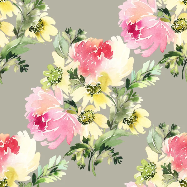 Seamless pattern with flowers watercolor. Gentle colors. — Stock Photo, Image