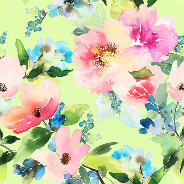 Seamless pattern with flowers watercolor. Gentle colors. Female 