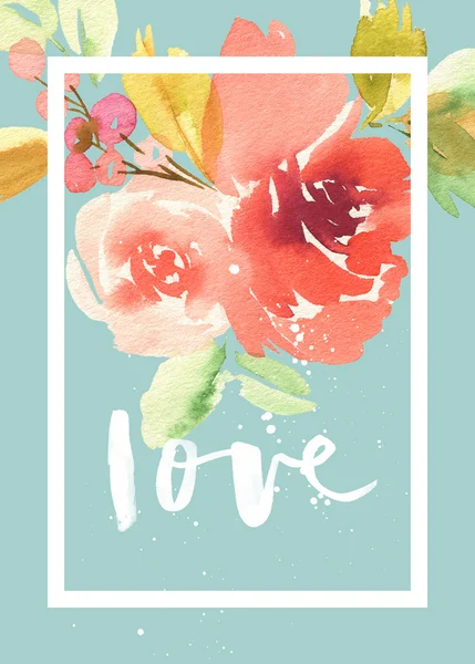 Greeting card with flowers. Pastel colors. Handmade. Watercolor — Stock Photo, Image