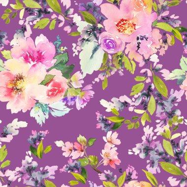 Çiçekler suluboya ile Seamless modeli. Yumuşak renkler.