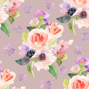 Çiçeklerle suluboya kusursuz desen.