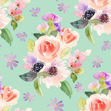 Çiçeklerle suluboya kusursuz desen.