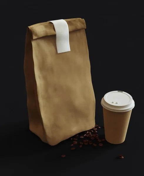 Бумажный пакет и чашка кофе — стоковое фото