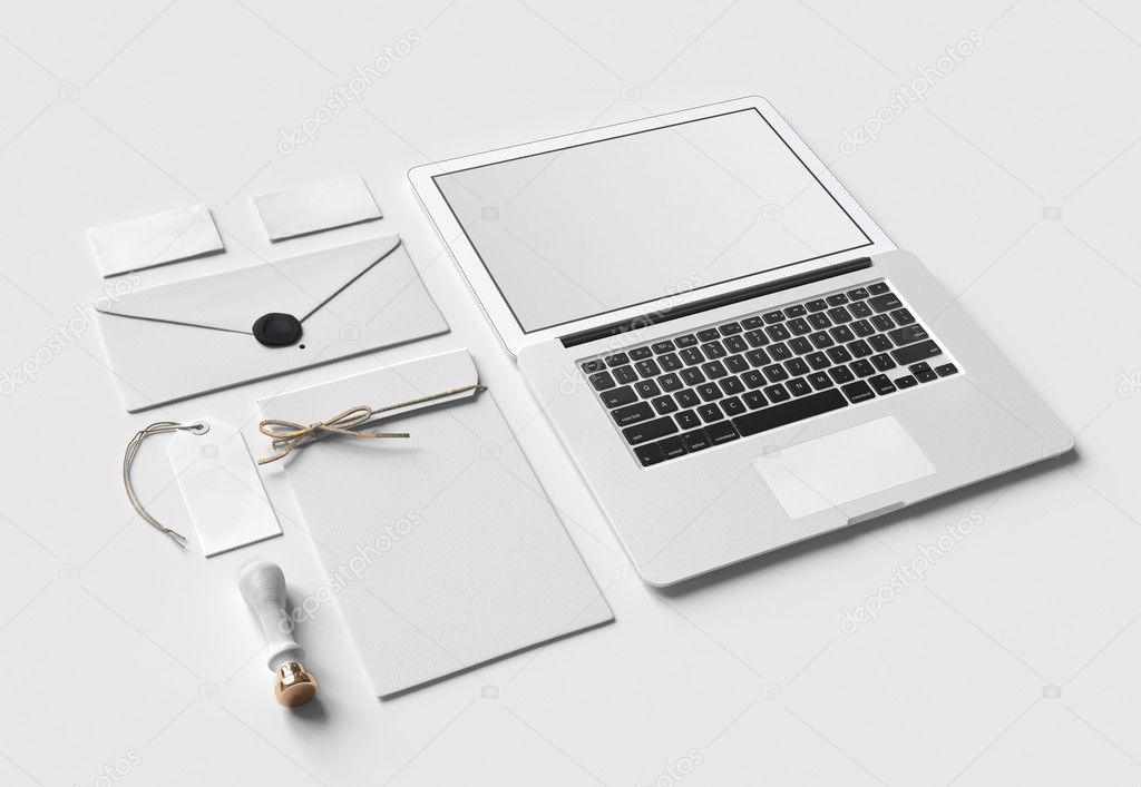 Set of  paper branding elements with laptop