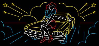 Kız çizgili Retro Neon Car
