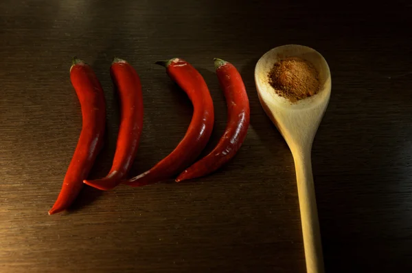 Kırmızı biber ve bir tahta kaşık kuru kırmızı biber ile