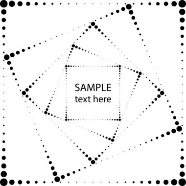 Siyah eş merkezli yarım tonlu noktalar kare şeklinde dönüyor. Geometrik sanat. Çerçeve, logo, dövme, işaret, sembol, ağ, baskılar, posterler, şablon, model ve soyut arkaplan için modaya uygun tasarım ögesi