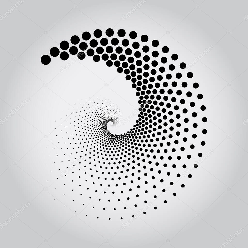 Black curved halftone dotted lines. Spiral form. Geometric art. Trendy design element for frame, logo, tattoo, sign, symbol, web, prints, posters, template, pattern and abstract background