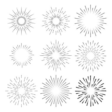 Retro siyah güneş patlaması vektör çizimi. Eski model. Çember şeklinde. Soyut arkaplan. Yıldız ışınları. Gün doğumu. Çerçeveler, baskılar, ağ, şablon, logo ve desen için tasarım ögesi