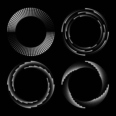 Daire şeklinde küçük beyaz kareler. Geometrik sanat. Logo, dövme, işaret, sembol, web sayfaları, baskılar, posterler, şablon, model ve soyut arkaplan için modaya uygun tasarım ögesi