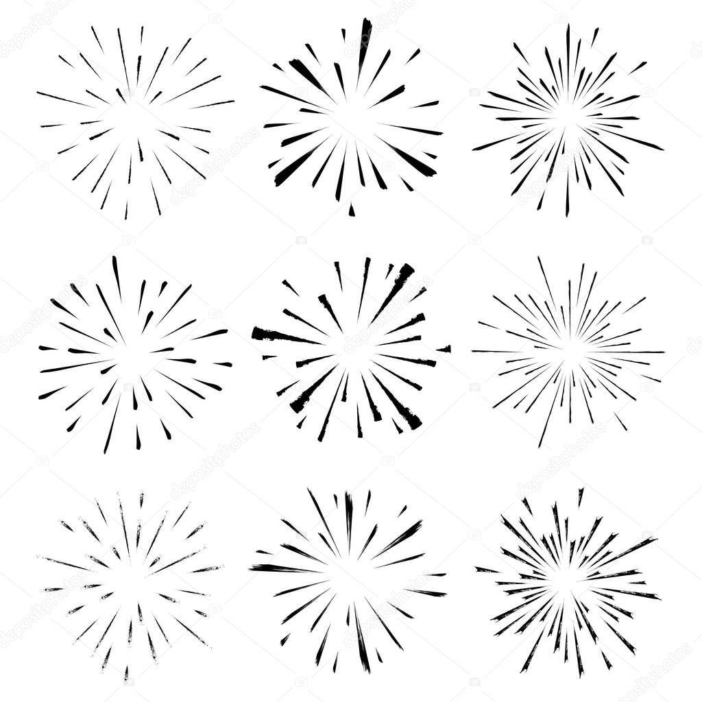 Set of black grunge radial speed lines. Circle form. Explosion background. Star rays. Sunburst. Fireworks. Design element for frames, prints, tattoo, web, template, logo, and textile pattern