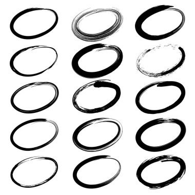 Bir dizi siyah fırça grunge elipsleri. El çizimi. Vektör çizimi. Logo, işaret, sembol, web sayfaları, baskılar, posterler, şablon, monokrom desen ve soyut arkaplan için tasarım ögesi