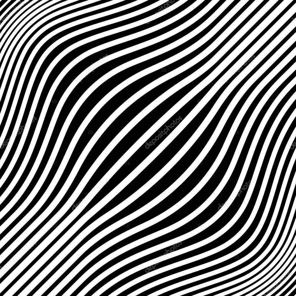 Abstract pattern with white curved lines. Optical art. Digital image with psychedelic stripes. Vector illustration. Ideal for prints, abstract background, posters, tattoo and web design