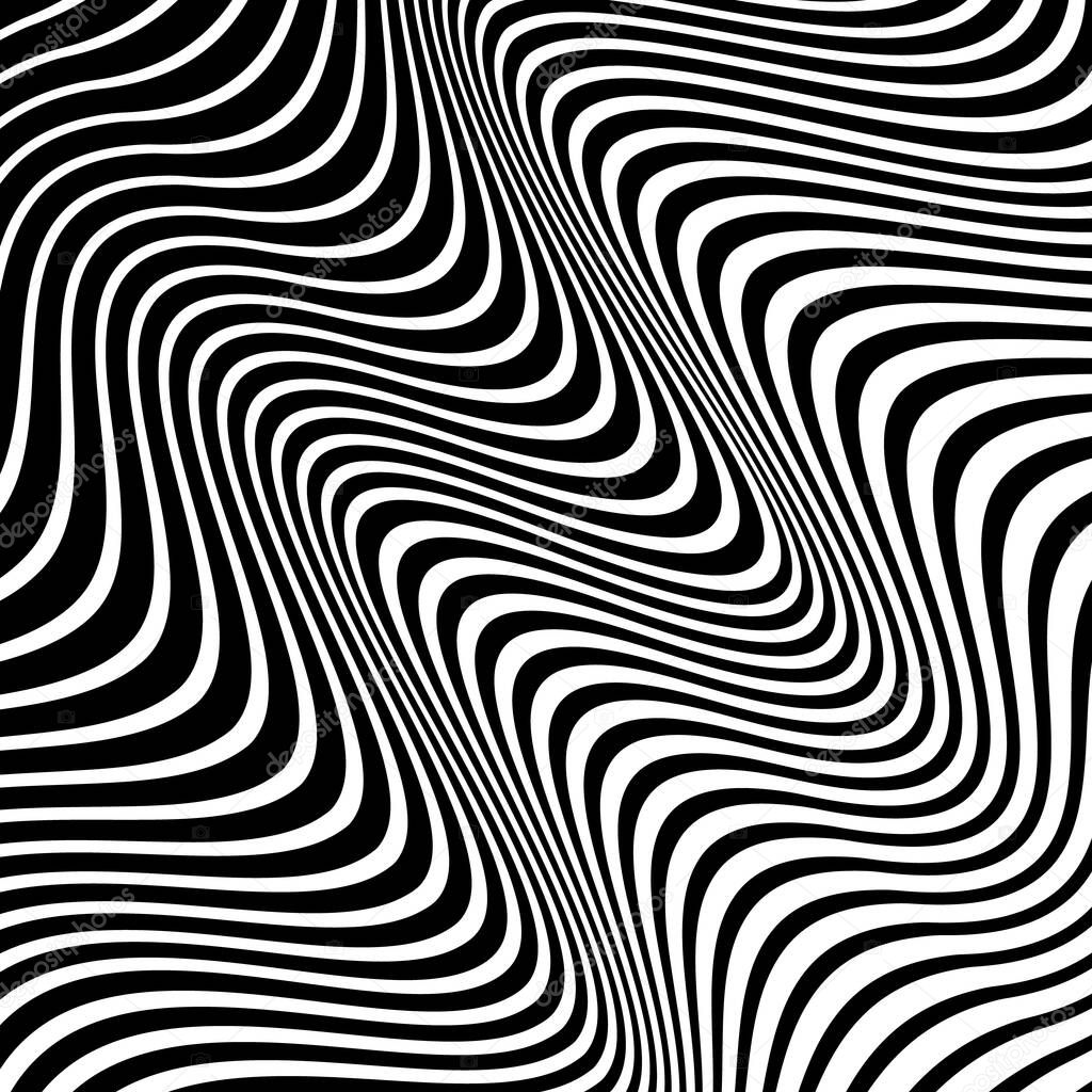 Abstract zebra pattern with white curved lines. Optical art. Digital image with psychedelic stripes. Vector illustration. Ideal for prints, abstract background, posters, tattoo and web design