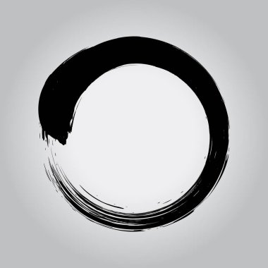 Siyah el çizilmiş halka şekli. Vektör çizimi. Siyah enso zen sembolü. Dairesel etiket, logo, metin çerçevesi, afiş, rozet. Grunge tasarım elemanı. İzole edilmiş. Tehlike dokusu. Mürekkep fırçası darbeleri