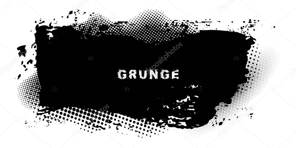 Grunge urban background with halftone dots. Vector brush stroke. Dust overlay distress grain. Blank textured shape for banners, badges, emblems, labels. Dry black border. Abstract dirty background