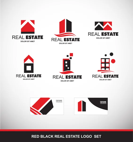 Conjunto de iconos de logotipo de bienes raíces negro rojo — Archivo Imágenes Vectoriales