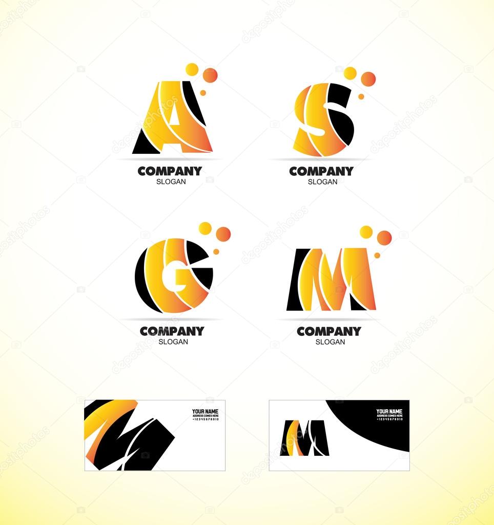 Vector company logo icon element template alphabet set letter big bold a s m g orange yellow black bubble business card media it games