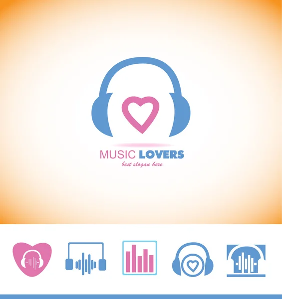 Fones de ouvido logotipo da música amor coração — Vetor de Stock