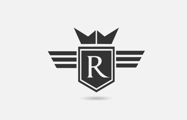 公司的R字母表标识图标 白纸黑字 具有王冠翼和企业及企业盾牌的创意徽章设计 — 图库矢量图片