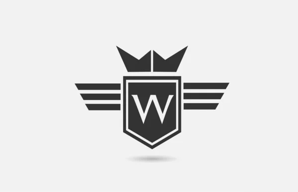 黒と白の会社のためのWアルファベット文字のロゴアイコン 王冠翼と企業やビジネスのための盾を持つ創造的なバッジデザイン — ストックベクタ