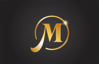 Sarı ve siyah renkli altın M harfli logo simgesi. Şirket ve iş için basit ve yaratıcı altın çember tasarımı