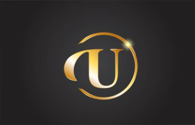 Sarı ve siyah renkli altın U alfabesi harfi simgesi. Şirket ve iş için basit ve yaratıcı altın çember tasarımı