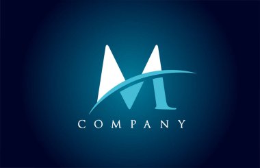 Mavi ve beyaz renkli şirket için M alfabesi harfi logo simgesi. İş ve şirket için basit bir salto tasarımı