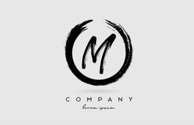 Grunge M alfabe harfi logo simgesi. Şirket ve iş dünyası için dairesel siyah beyaz renkler içeren klasik tasarım