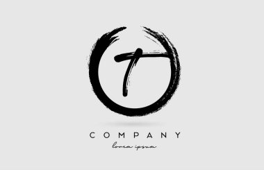 Grunge T alfabe harfi simgesi. Şirket ve iş dünyası için dairesel siyah beyaz renkler içeren klasik tasarım