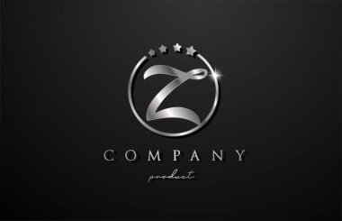 Şirket ve şirket için Z gümüş metal alfabe harfi logosu. Çemberli metal yıldız tasarımı. Lüks bir marka için kullanılabilir. 