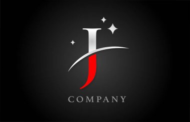 Şirket ve şirket için kırmızı ve beyaz renkli J alfabesi harfi logosu. Yıldızlı yaratıcı tasarım. Logoti ya da damgalama için kullanılabilir.