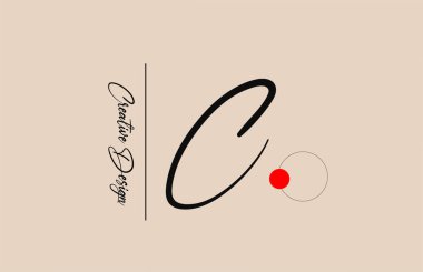 İş için C alfabesi harfi logosu. Şirket kimliği ve harfleri için zarif yaratıcı yazı tipi. Kırmızı nokta ve el yazısıyla markalaştırma simgesi